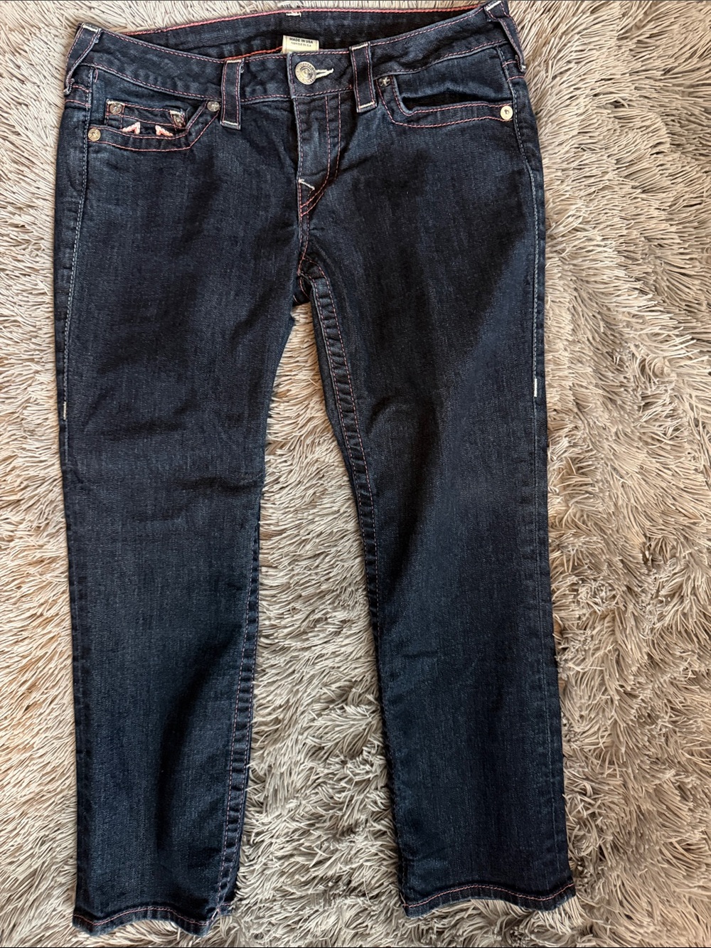 True Religion Dark Indigo Slim Ankle Jeans with Pink Stitching